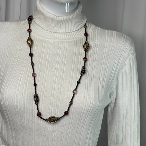 Chico's black and red beaded necklace long painted beads signed costume jewelry - Picture 8 of 14